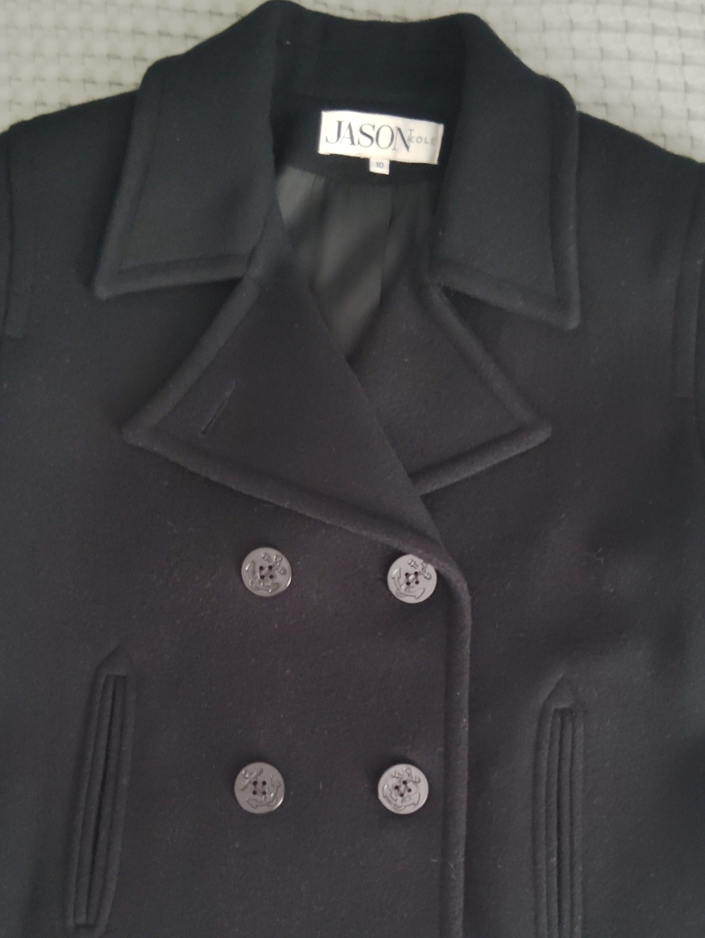 Vintage Jason Kole Black Wool Pea Coat Size 10 Nautical Anchor Buttons 90s